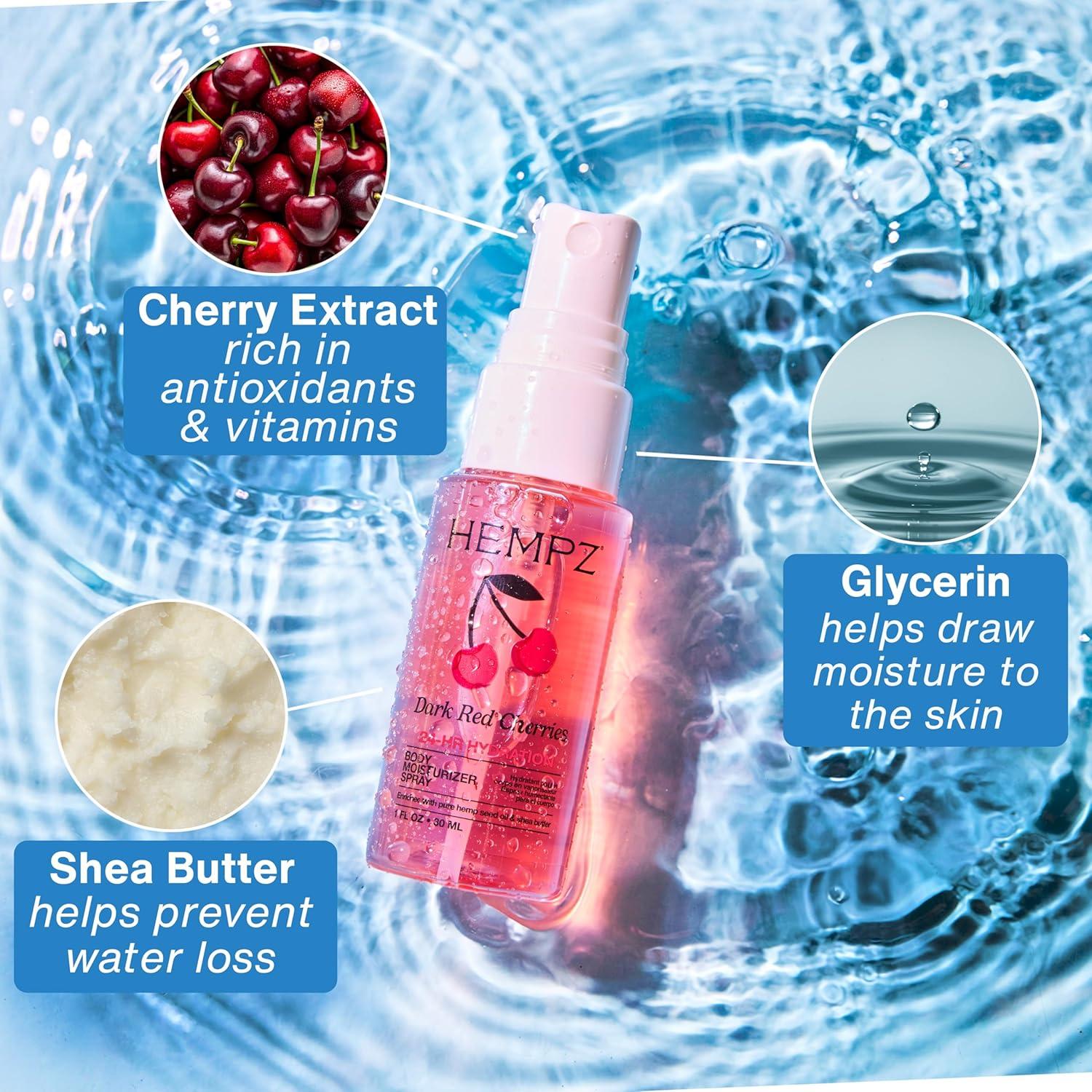 image:imageHempz Cherry Hydrating Mist Spray Dark Red Cherries lightweight fragrance Travel Size Moisturizer Beach Vacation Essential 1 floz