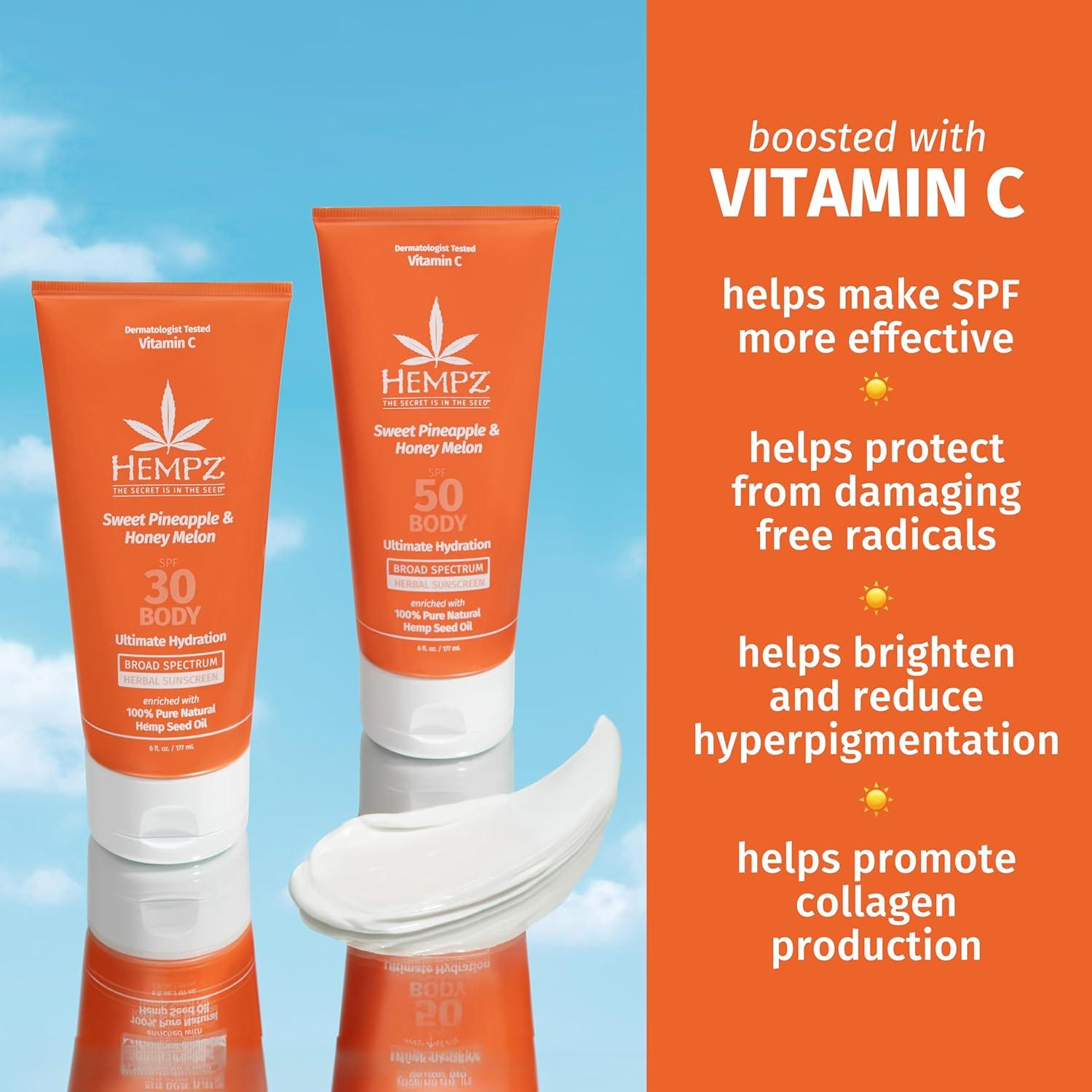 image:imageHempz Daily Body Sunscreen SPF 30 Sweet Pineapple and Honeymelon Reef Safe Vegan Dermatologist Tested 6 oz6 Fl Oz Pack of 2