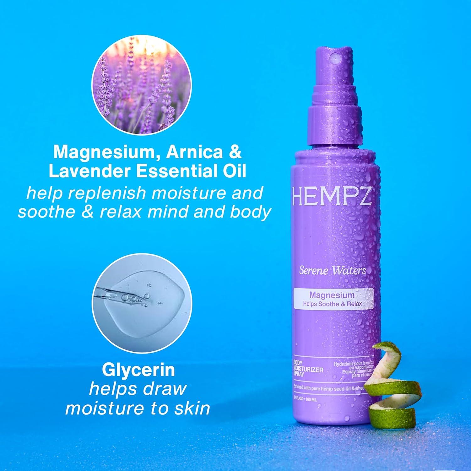 image:imageHempz Magnesium Body Spray Serene Waters Soothing and Hydrating Moisturizer Mist with Arnica Travel Friendly 34 floz