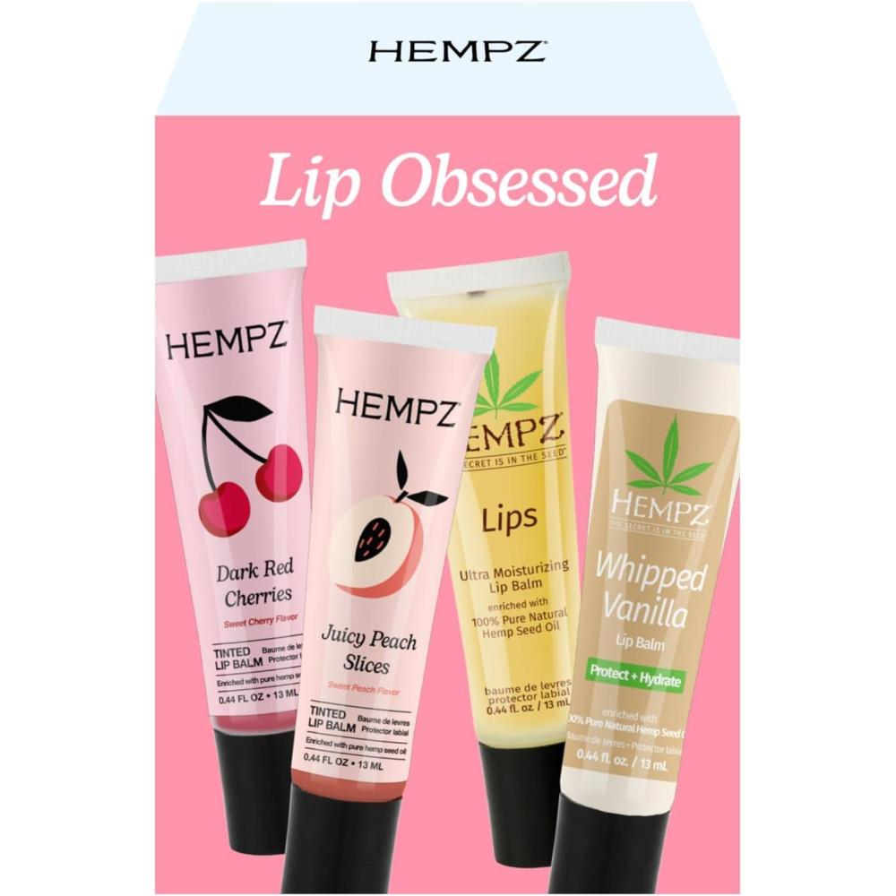 image:imageHempz New Lip Balm Gift Set Juicy Peach Dark Red Cherries Original and Whipped Vanilla 4 Pack Set