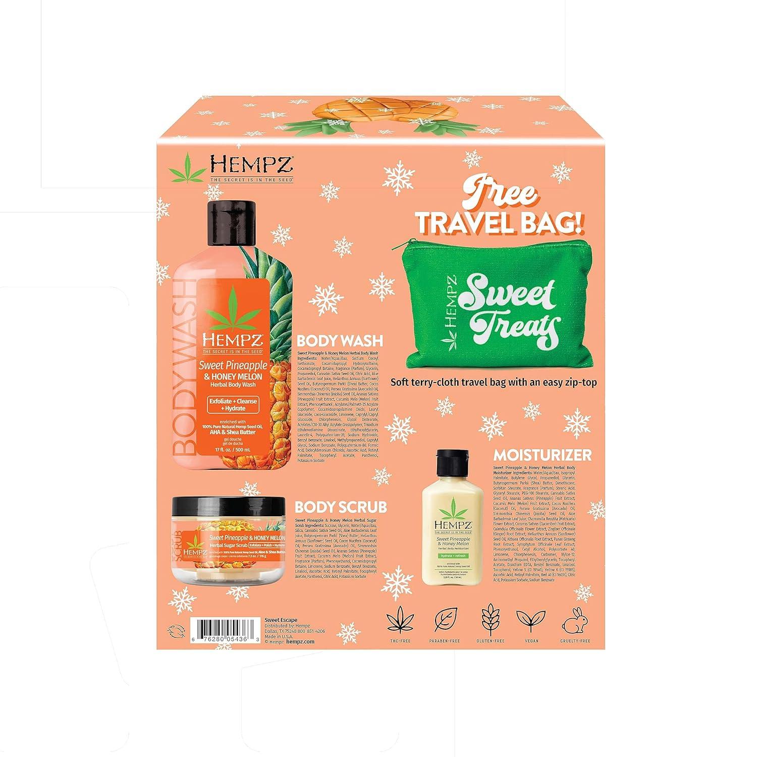 image:imageHempz Sweet Escape Sweet Pineapple amp Honey Melon Moisturizing Body Wash 17 Oz Body Scrub 73 Oz amp Moisturizer 125 Oz Festive Holiday Gift Set with Travel Bag for Women or Men with Dry Skin