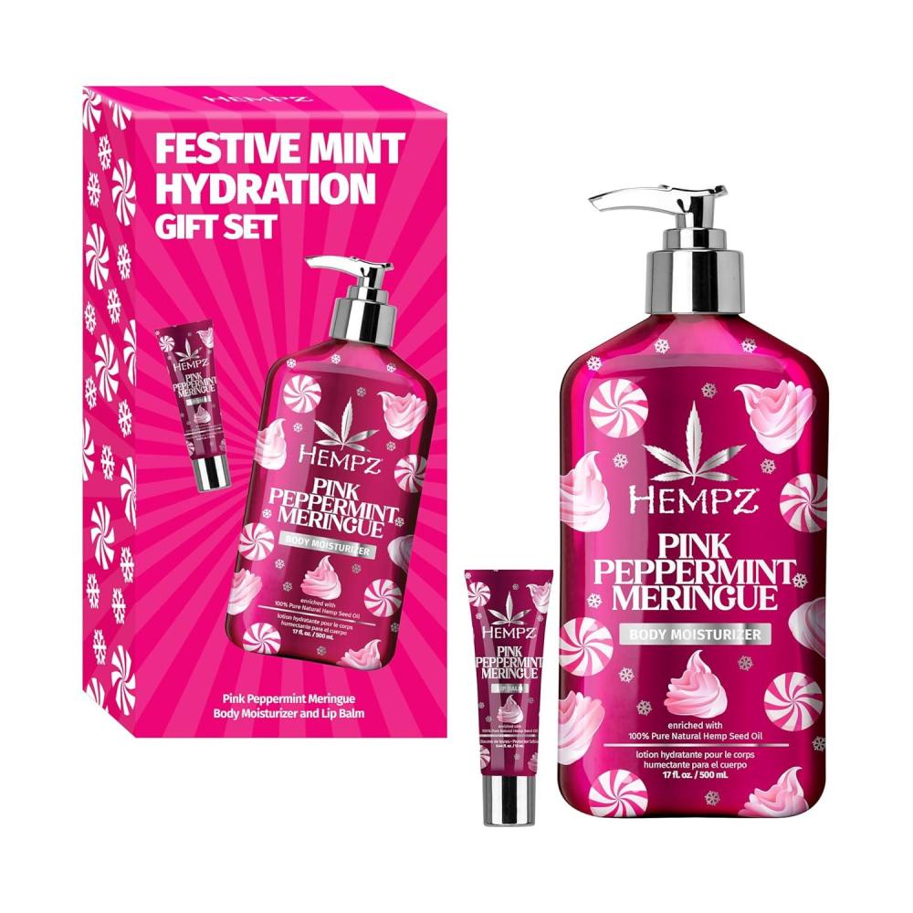 image:imageHempz Festive Mint Hydration Pink Peppermint Meringue Gift Set Body Loton and Lip Balm Duo Limited Edition 17 oz and 44 oz