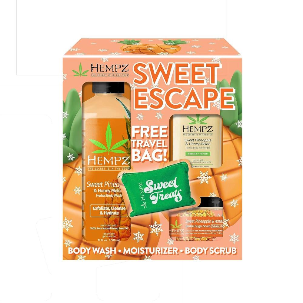 image:imageHempz Sweet Escape Sweet Pineapple amp Honey Melon Moisturizing Body Wash 17 Oz Body Scrub 73 Oz amp Moisturizer 125 Oz Festive Holiday Gift Set with Travel Bag for Women or Men with Dry Skin
