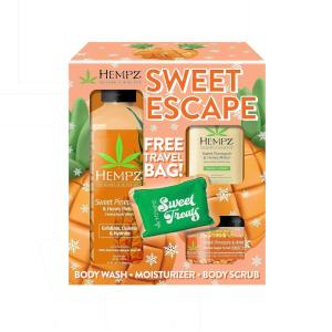 Hempz Sweet Escape Sweet Pineapple & Honey Melon Moisturizing Body Wash (17 Oz), Body Scrub (7.3 Oz), & Moisturizer (1.25 Oz) – Festive Holiday Gift Set with Travel Bag for Women or Men with Dry Skin