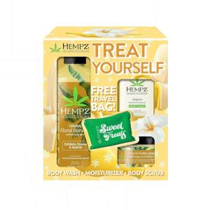 Hempz Treat Yourself Floral Banana Herbal Moisturizing Body Wash (17 Oz), Body Scrub (7.3 Oz), & Moisturizer (1.25 Oz), Travel Bag – Festive Holiday Skin Care Gift Set for Women or Men with Dry