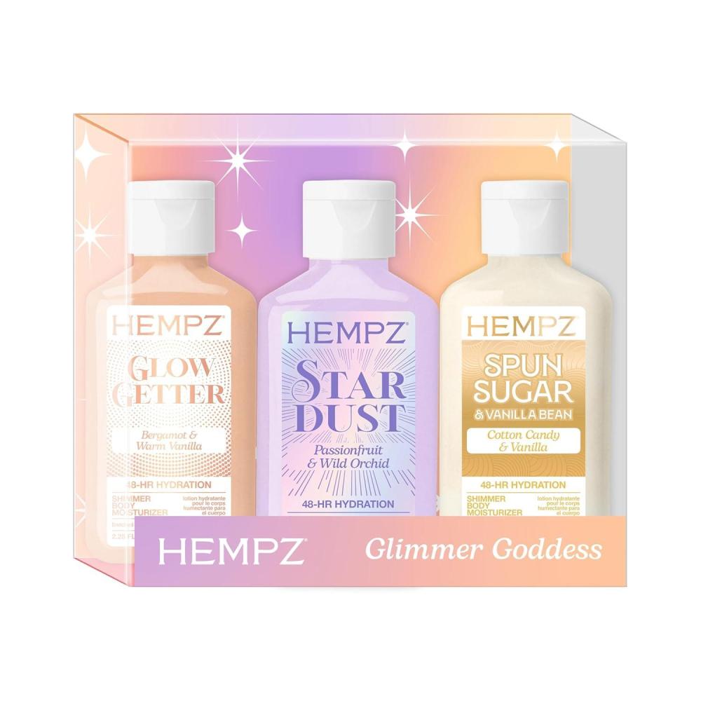 image:imageHempz Mini Shimmer Lotion Set Gold Silver and Rose Gold Moisturizer Glimmer Goddess Radiant Skin Travel Kit 3 pack TSA Approved 225 oz